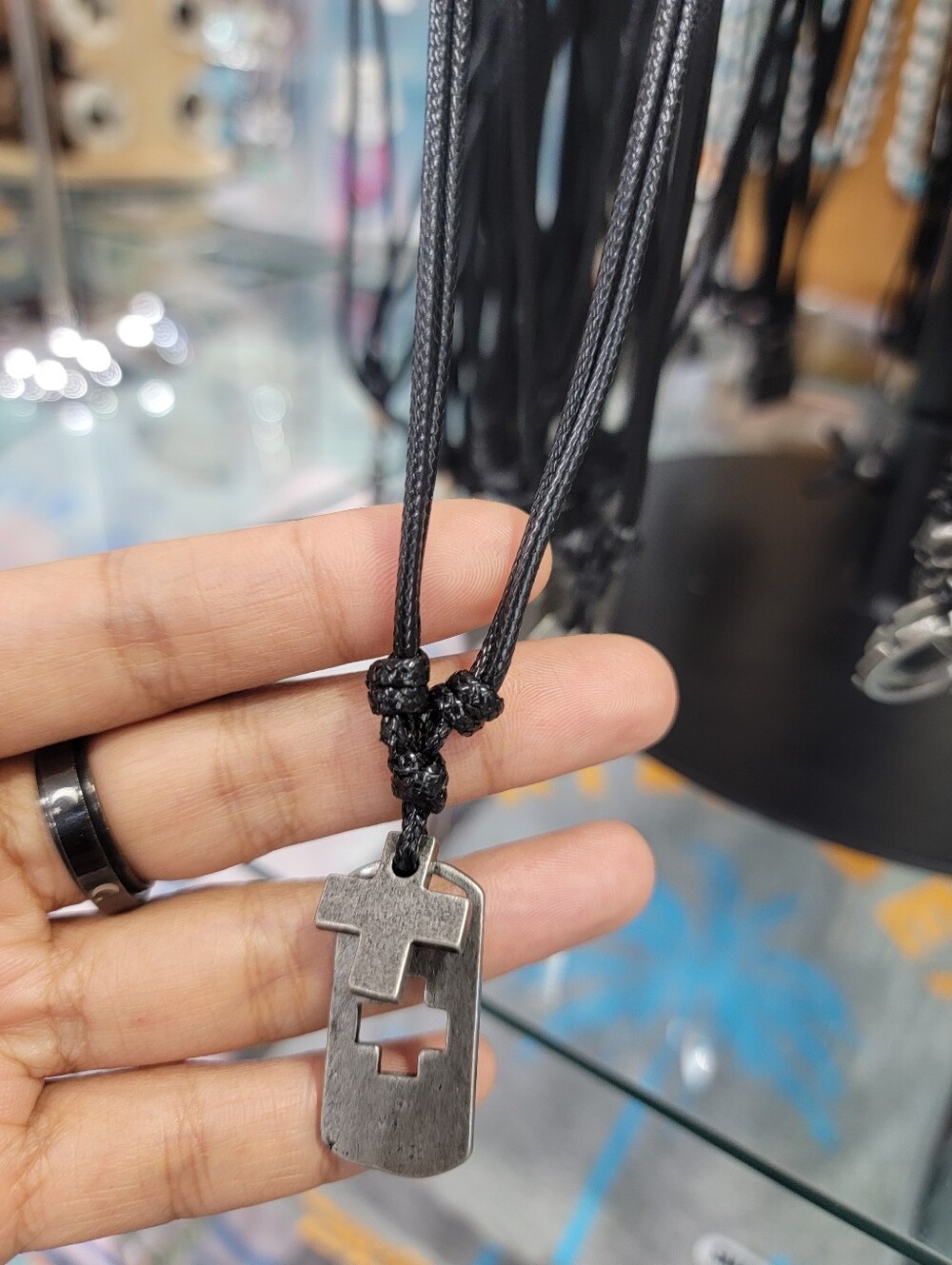 Men's Black Cord Necklace with Gunmetal Cross Tag